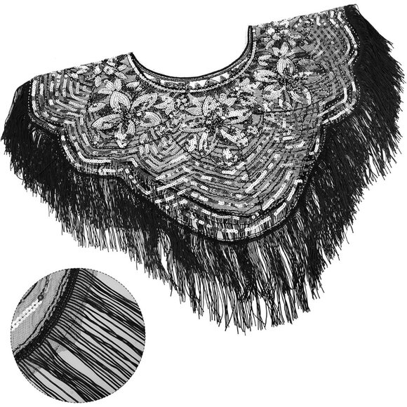 Women's Black Silver 1920s Shawl Sequin Beaded Art Evening Cape Tassel Shawls - Picture 3 of 6